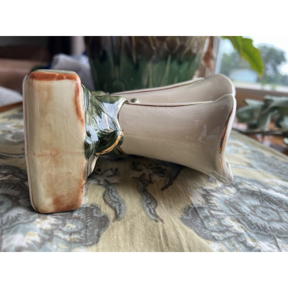 Vintage McCoy USA Triple Calla Lily Vase Planter Pottery Ivory Green Gold 1950s - Picture 7 of 12